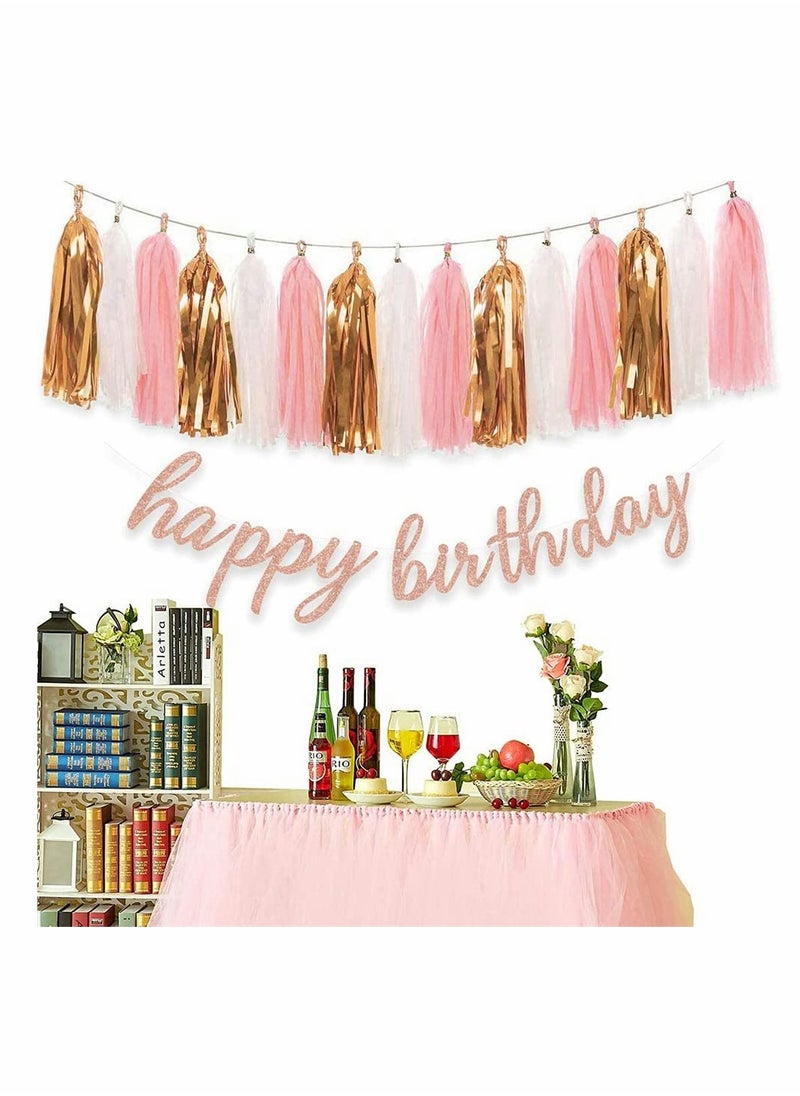 KASTWAVE - Pink Rose Gold Birthday Party Decorations Set, Rose Gold Glittery Happy Birthday Banner, Tissue Paper Pom, Circle Dots Garland and Tassel Garland for Birthday Party Decorations - Image 1