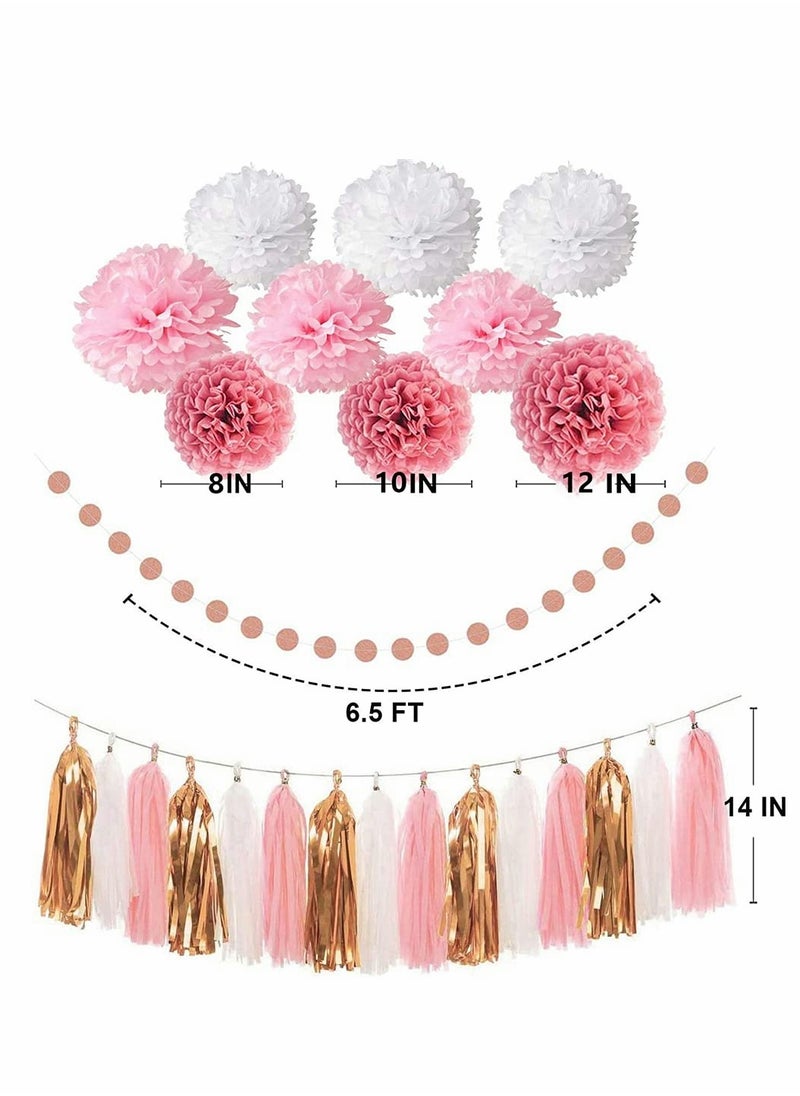 KASTWAVE - Pink Rose Gold Birthday Party Decorations Set, Rose Gold Glittery Happy Birthday Banner, Tissue Paper Pom, Circle Dots Garland and Tassel Garland for Birthday Party Decorations - Image 1