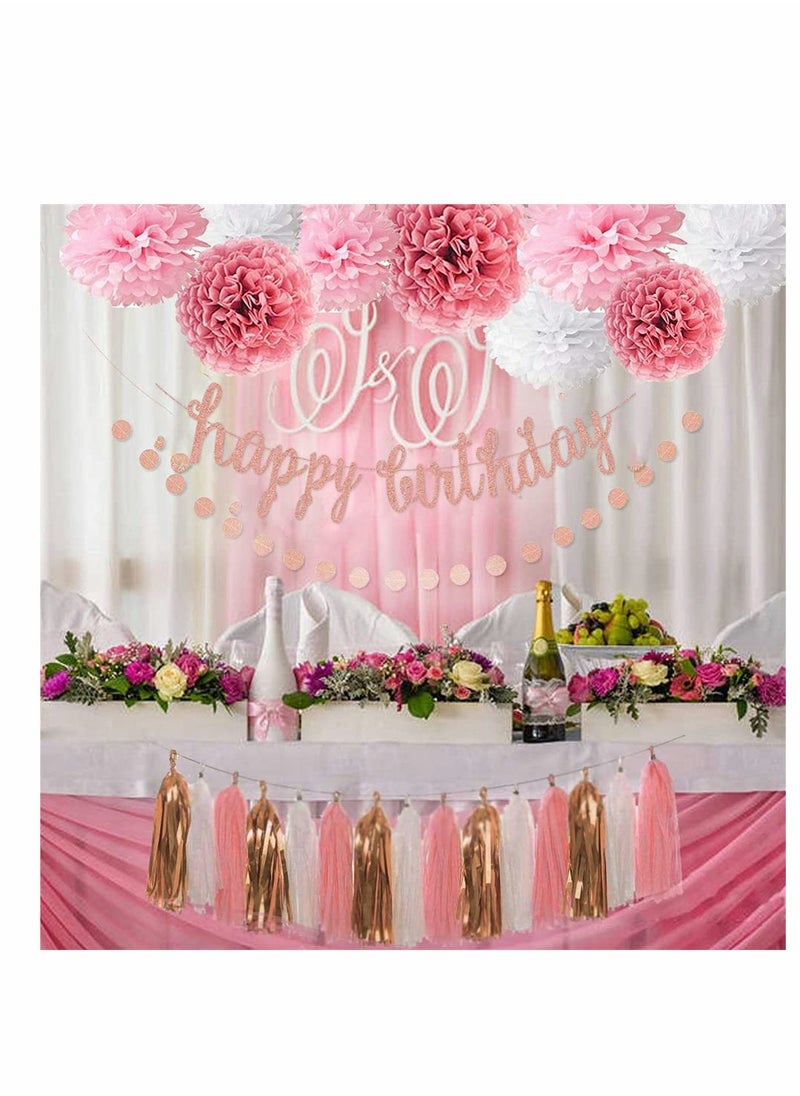 KASTWAVE - Pink Rose Gold Birthday Party Decorations Set, Rose Gold Glittery Happy Birthday Banner, Tissue Paper Pom, Circle Dots Garland and Tassel Garland for Birthday Party Decorations - Image 1