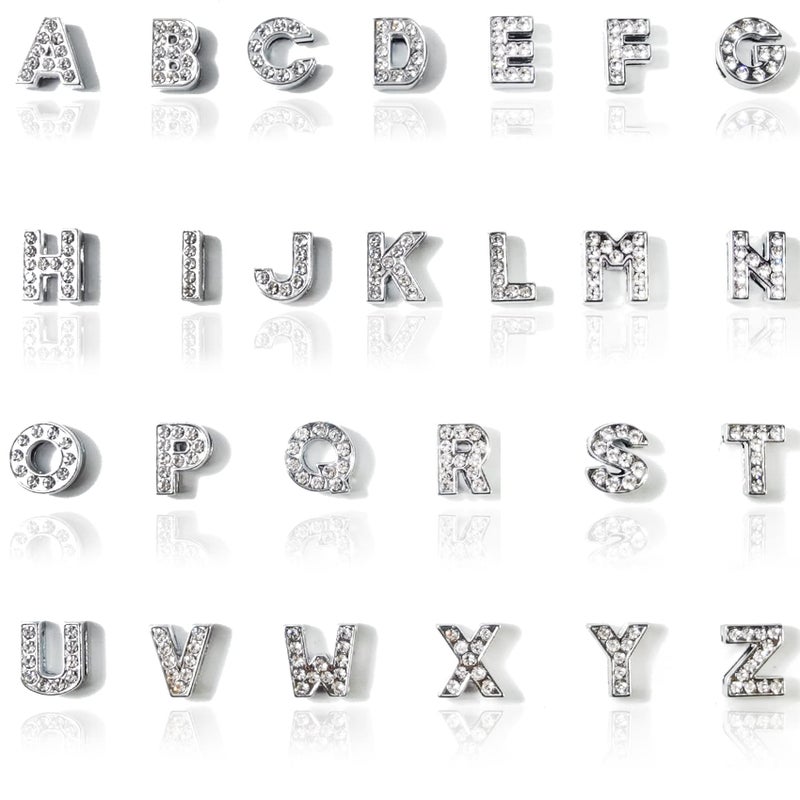 NSBELL 130PCS 8mm Full Rhinestones Slide Alphabet Letters Charms A-Z Alphabet Charms for DIY Necklace Choker Wristbands Bracelets Jewelry Making Charms Supplies, Sliver - Image 1