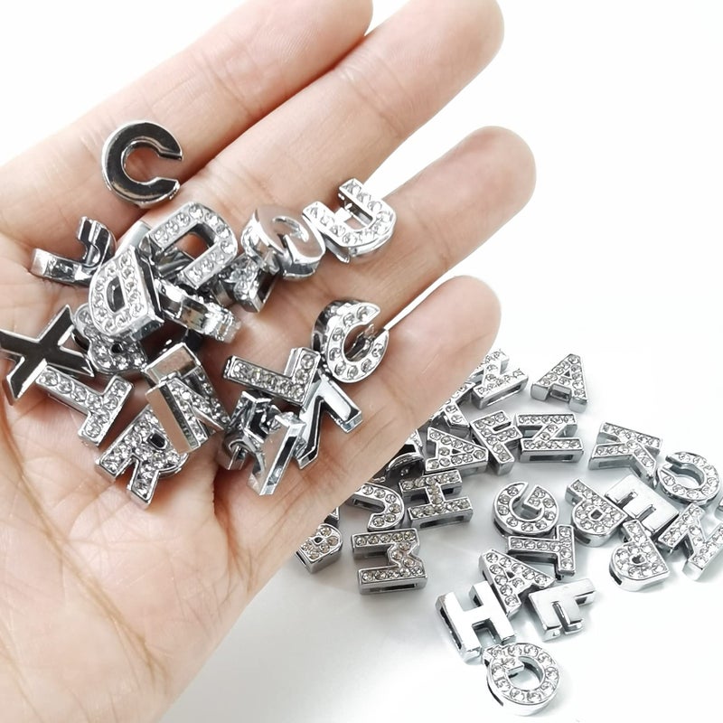 NSBELL 130PCS 8mm Full Rhinestones Slide Alphabet Letters Charms A-Z Alphabet Charms for DIY Necklace Choker Wristbands Bracelets Jewelry Making Charms Supplies, Sliver - Image 2