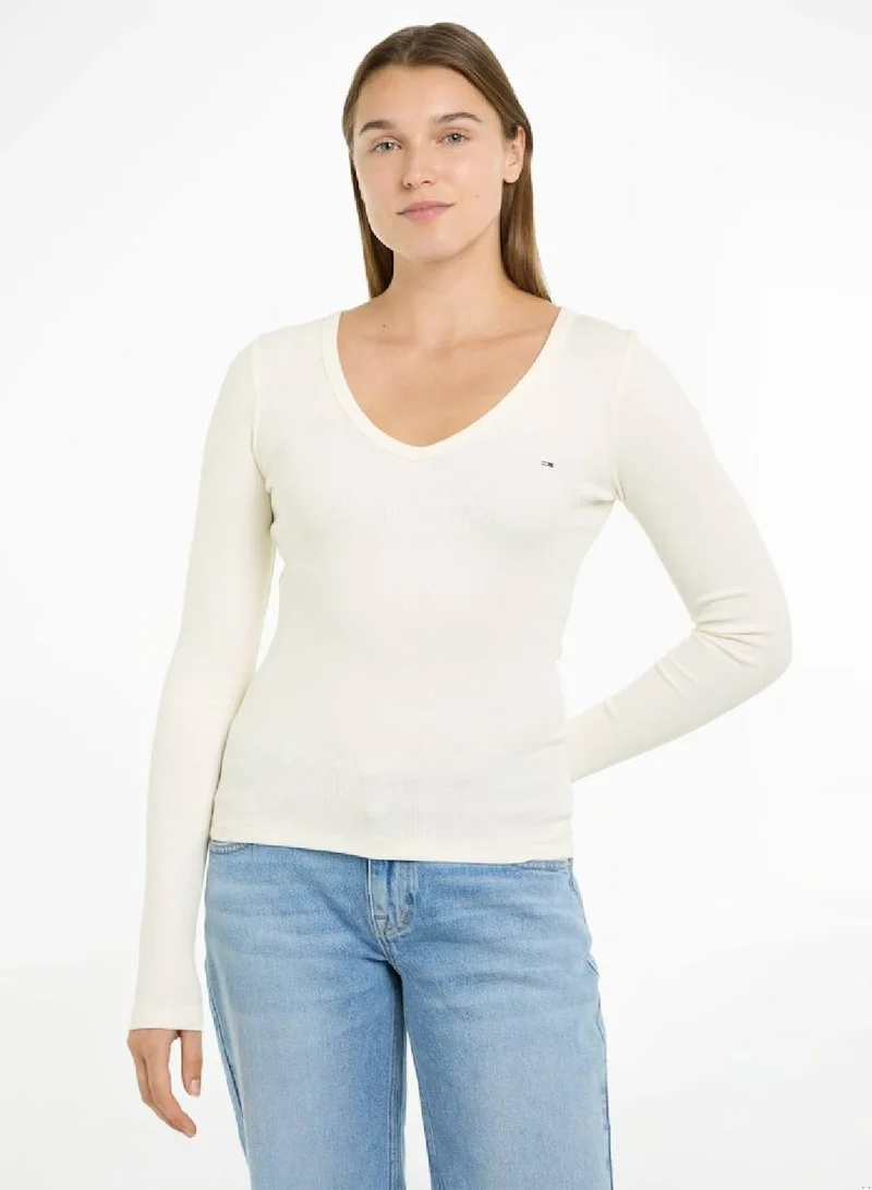TOMMY JEANS Women's Slim Essential Long Sleeve T-Shirt - Cotton, White
