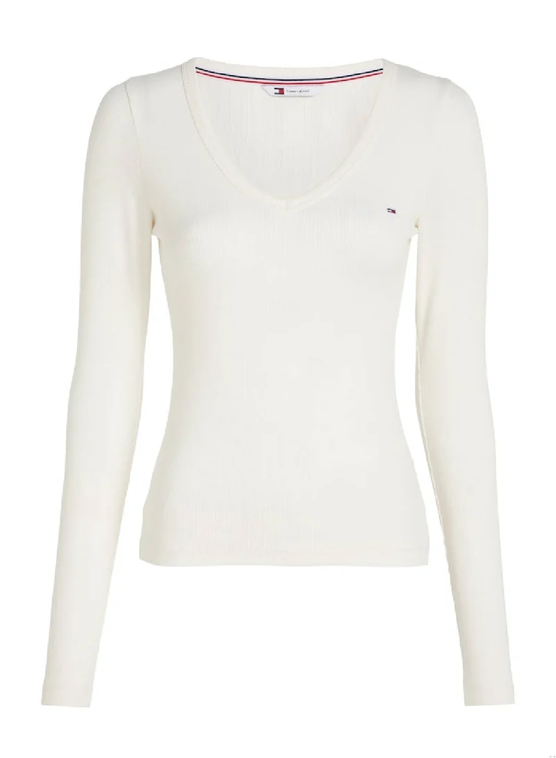 TOMMY JEANS Women's Slim Essential Long Sleeve T-Shirt - Cotton, White
