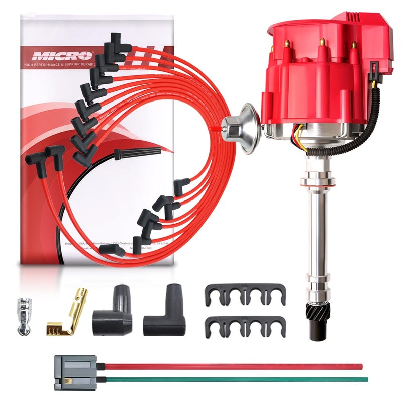 MAS Racing HEI Ignition Distributor with Wiring Set Replacement for Chevy 302 454 gm SBC BBC 65k Coil 7500RPM Chevrolet C10 GMC 400 350 V8 46L 50L 57L 65L 66L 74LHEI Red Cap