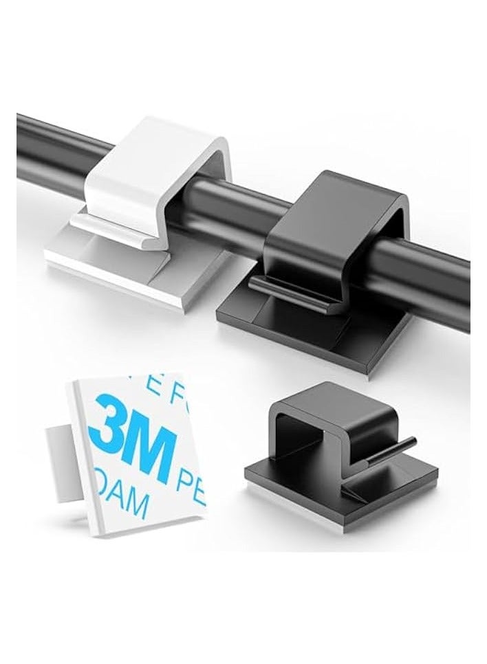 erorex 100Pcs Small White Black Adhesive Cable Clips for Cord Management Under Desk Nightstand Phone PC Charger Plug Speaker TV Cord Holder Keeper Hook Wall Wire Organizer Car Dash Cam - Image 1