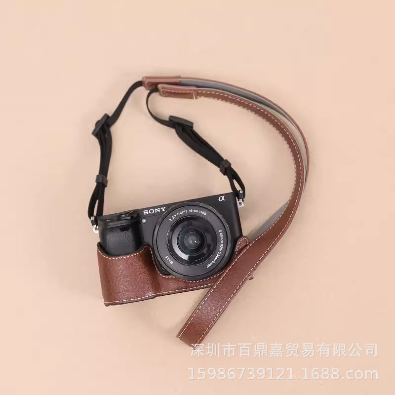 Sony A6400 Camera Leather Half Case Cover Coffee Shoulder Strap 