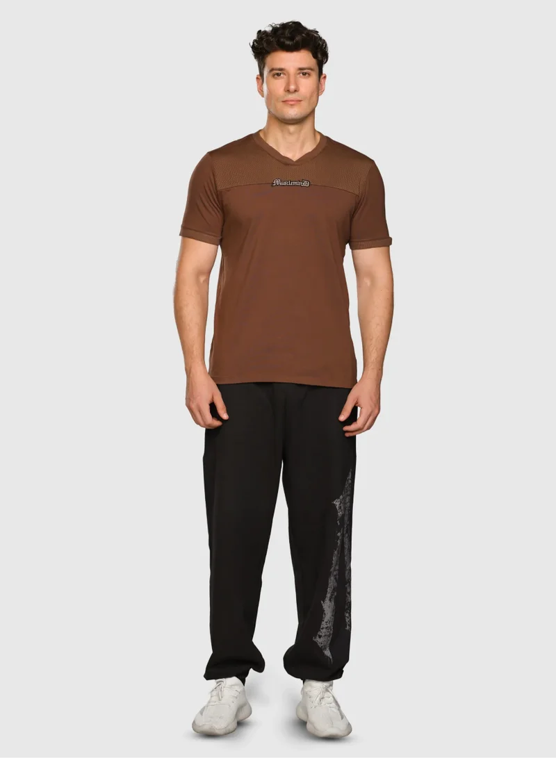 Musclemind Brown Men's Printed V-Neck Regular Fit T-Shirt for Men | Best Price UAE