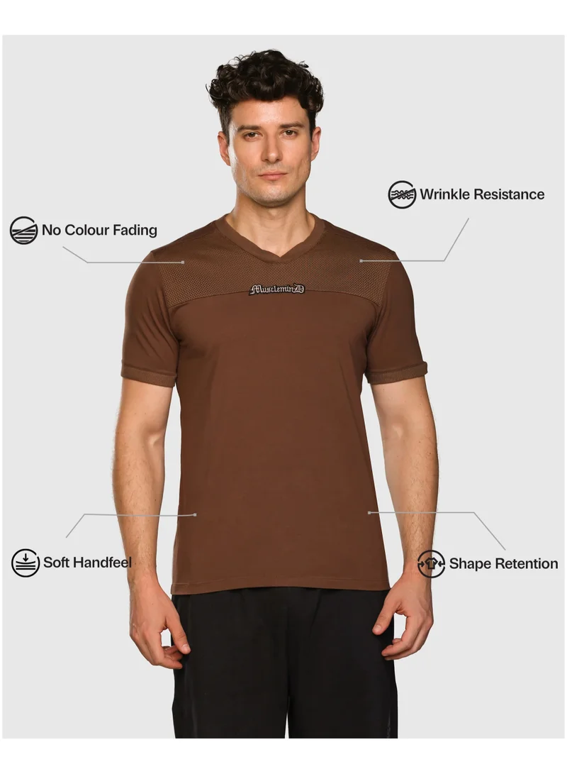 Musclemind Brown Men's Printed V-Neck Regular Fit T-Shirt for Men | Best Price UAE