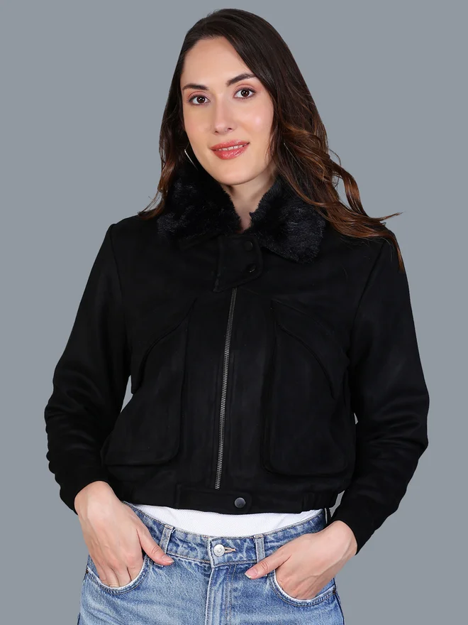 Fort Collins Women Black Faux Suede Jacket with Fur Collar