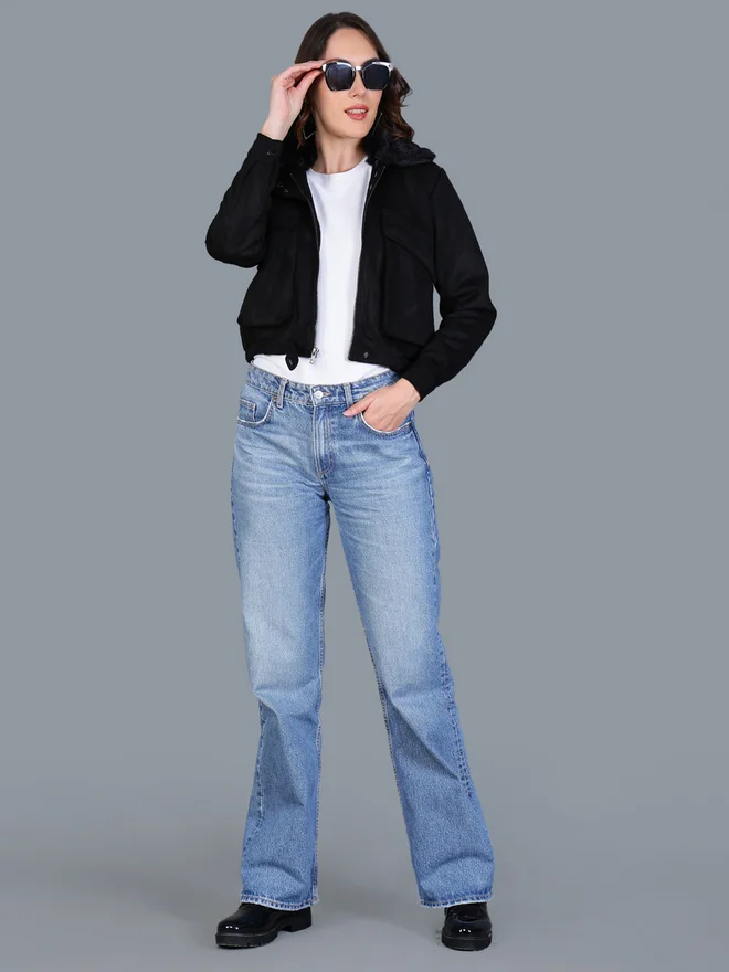 Fort Collins Women Black Faux Suede Jacket with Fur Collar