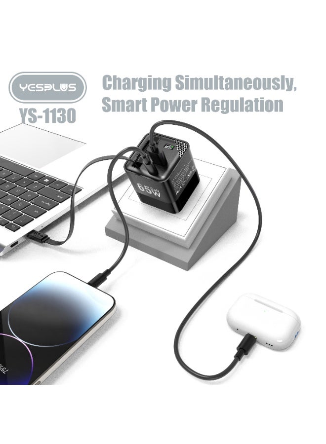 YESPLUS 65W GaN Fast Charger with Type-C and USB-A 2 Ports, Built-In 65W Retractable Cable, Smart Power Regulation, Display Charging Power, Wide Compatibility, Safe Fast Charging for Laptops, Tablets, Pads, Smartphones, Black - Image 2