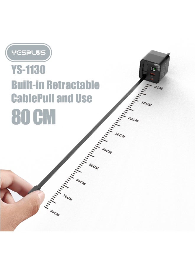 YESPLUS 65W GaN Fast Charger with Type-C and USB-A 2 Ports, Built-In 65W Retractable Cable, Smart Power Regulation, Display Charging Power, Wide Compatibility, Safe Fast Charging for Laptops, Tablets, Pads, Smartphones, Black - Image 3