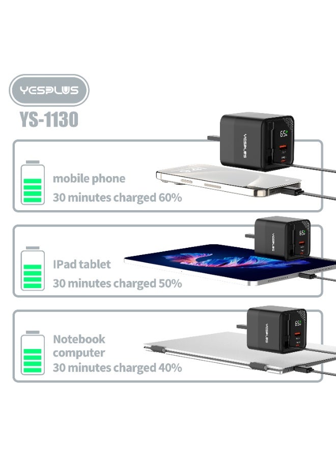 YESPLUS 65W GaN Fast Charger with Type-C and USB-A 2 Ports, Built-In 65W Retractable Cable, Smart Power Regulation, Display Charging Power, Wide Compatibility, Safe Fast Charging for Laptops, Tablets, Pads, Smartphones, Black - Image 4
