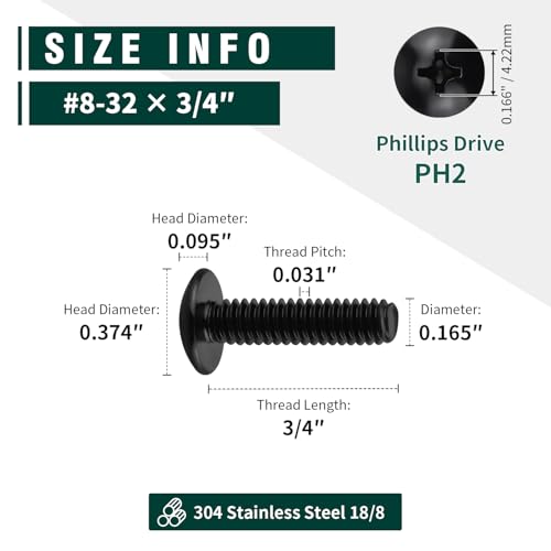 EASTLO #8-32 x 3/4" Truss Head Machine Screws Black, Phillips Drive, 304 Stainless Steel 18-8, Black Oxide Coated Finish, Corrosion Resistant Round Head Machine Screws, Full Thread, Coarse Thread, 100 PCS - Image 5