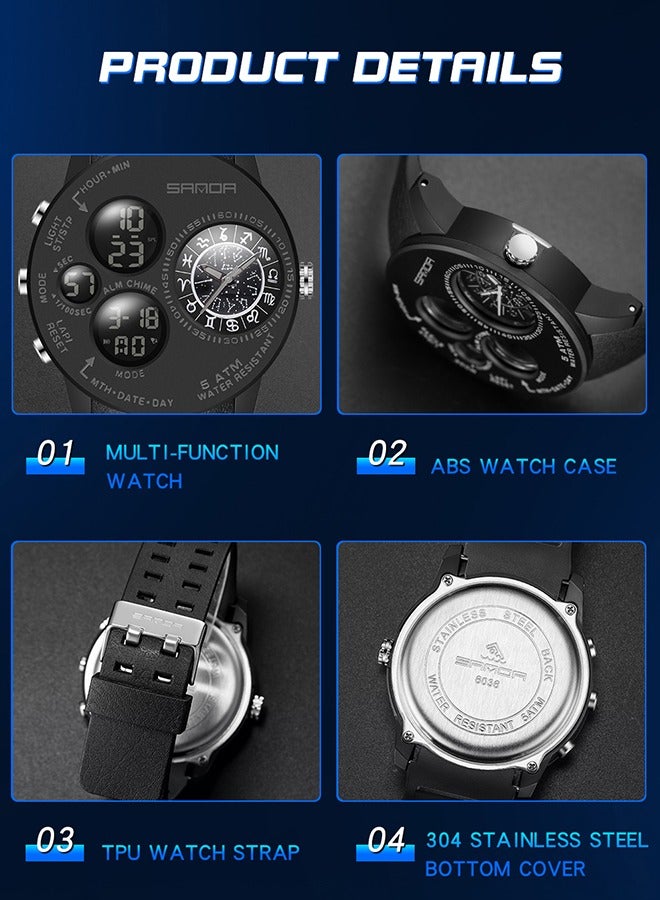 Sanda ساعة رجالية رقمية متعددة الوظائف من سلسلة Constellation Dial Series للرجال باللون الأسود والأحمر 6036 - Image 2