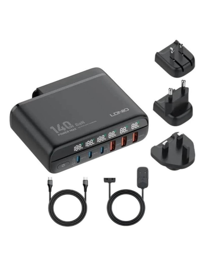 LDNIO - LDNIO A6140C 140W GaN Super Fast Desktop 6-Port Charger, EU Plug With Type-C To Type-C - Black - Image 1