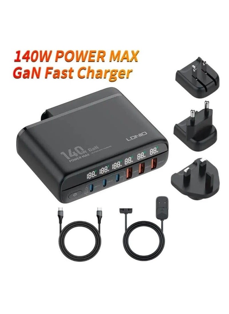 LDNIO - LDNIO A6140C 140W GaN Super Fast Desktop 6-Port Charger, EU Plug With Type-C To Type-C - Black - Image 1