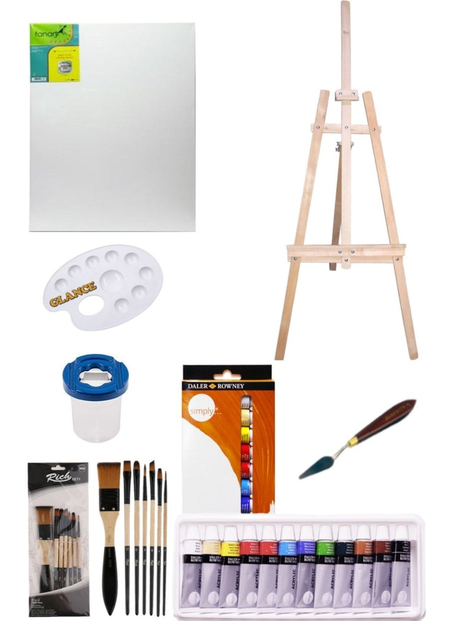 Glance Daler Rowney Simply Acrylic Paint 12 Colors x Easel Set 12 ml 50X70 