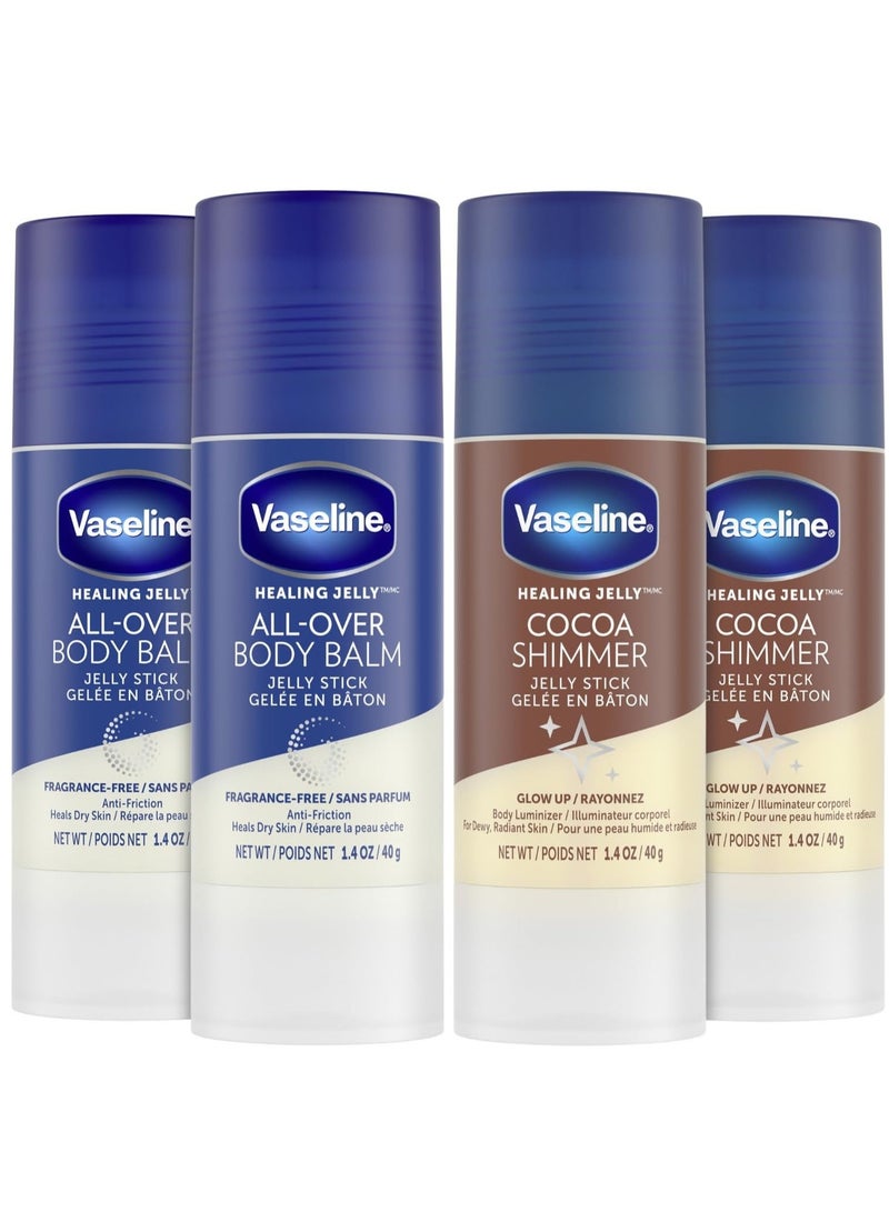 Vaseline Lotion Bundle, Cocoa Shimmer Jelly Stick Highlighter & Luminizer + All Over Body Balm Stick, Vaseline Cocoa Butter, Body Balm Skin Care Set, Petroleum Jelly for Dry Skin (4 Piece Set) - Image 1