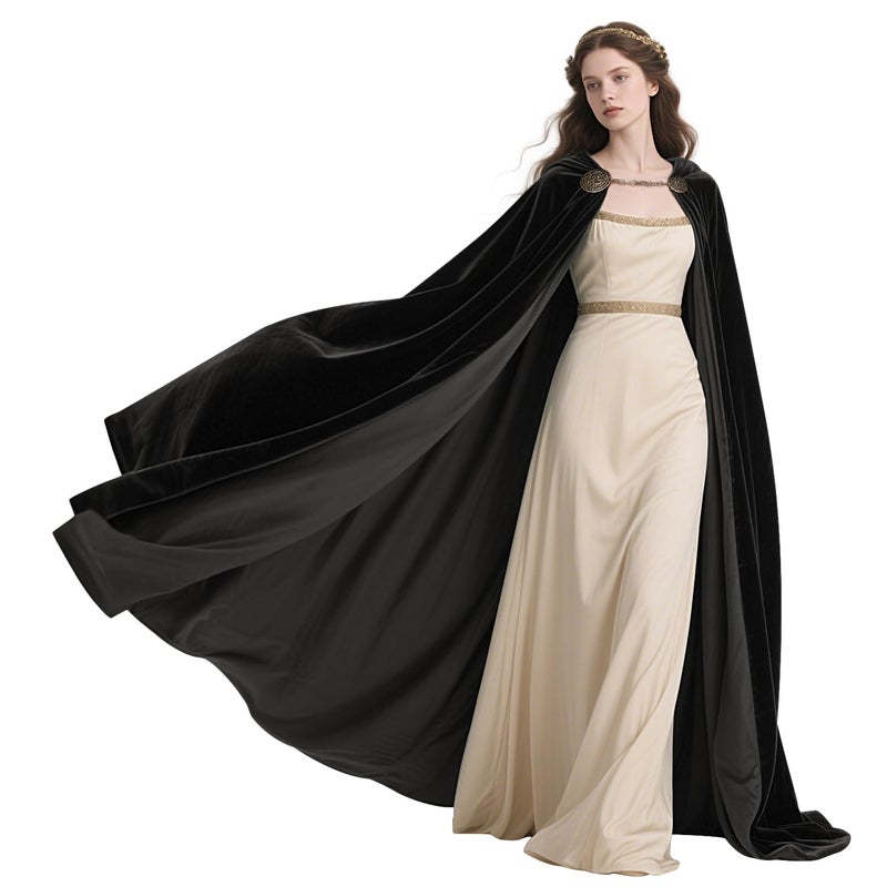L'VOW Viking Hooded Cape Medieval Cloak with Brooch Chain Renaissance Black Cape with Hood for Halloween Assassin Costume - Image 1
