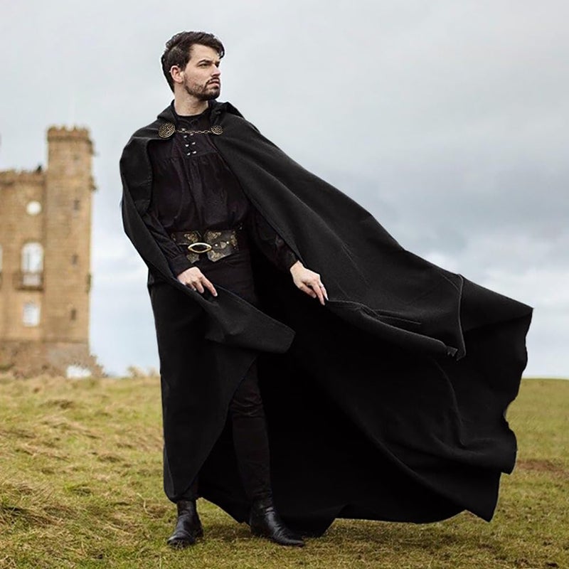 L'VOW Viking Hooded Cape Medieval Cloak with Brooch Chain Renaissance Black Cape with Hood for Halloween Assassin Costume - Image 3