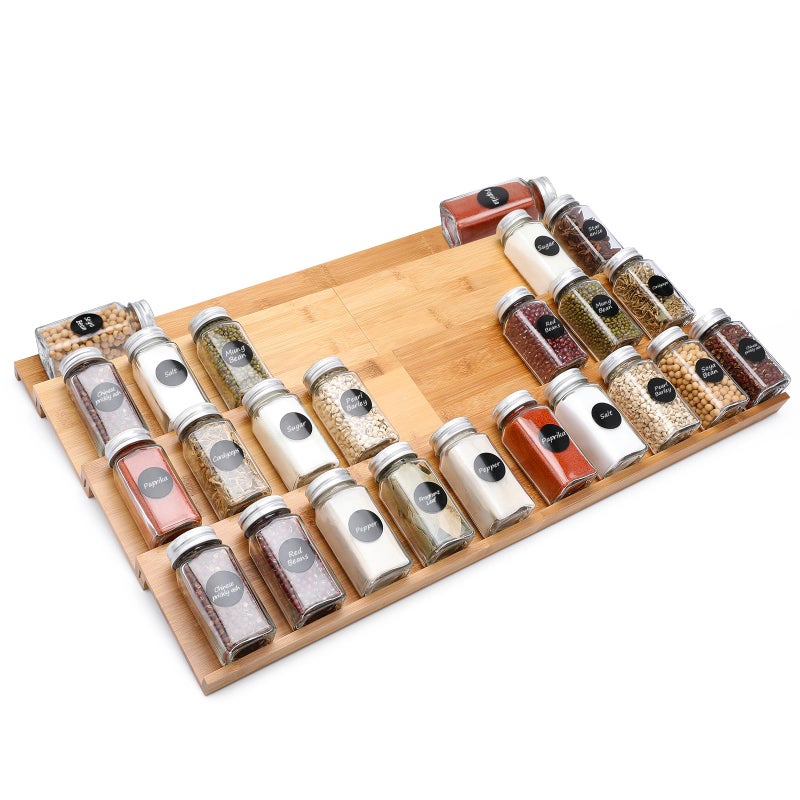 Bamboo Spice Drawer Organizer 4 Tier In Drawer Spices Rack for Cabinet Drawer Expandable From 13 to 26 Stackable Seasoning Storage Organizer Insert