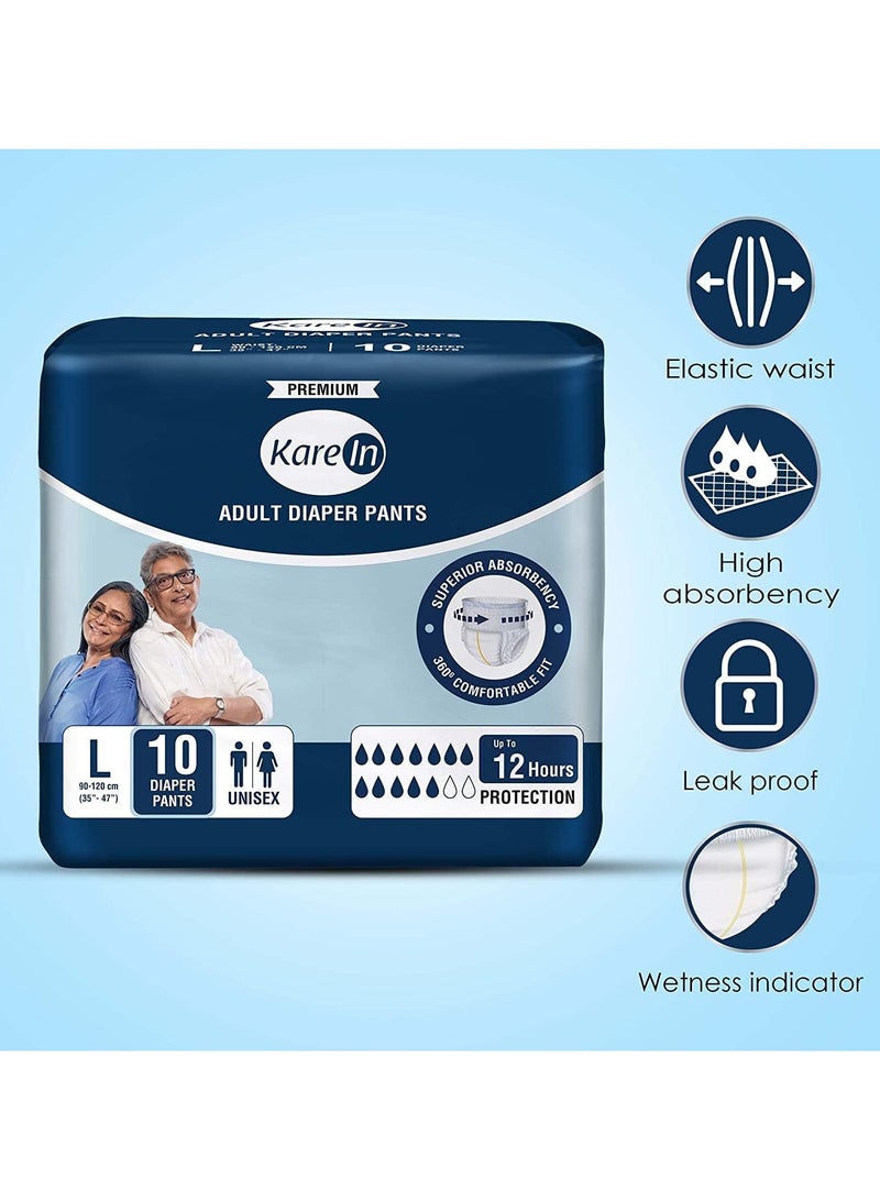 Kare In Adult Diaper Pants Style Large Waist Size 90-120cm (35"-47") 10 Pieces | Leak Proof | Wetness Indicator | High Absorbency Upto 12 Hours Protection | Elastic Waistband | Unisex Diaper - Image 2