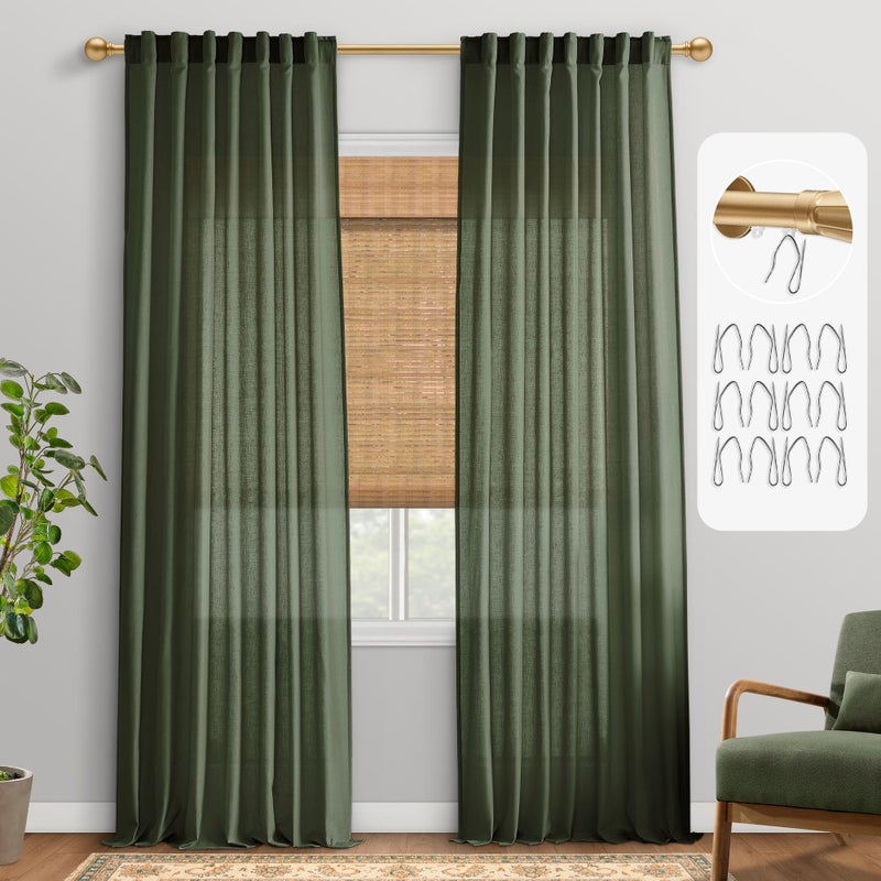 PANELSBURG Olive Green Linen Curtains 84 Inches Long for Living Room 2 Panels Set Back Tab Hook Belt Boho Dark Green Semi Sheer Moody Curtains 84 Inch Length for Bedroom Moss Green Aesthetic Neutral Decor - Image 1