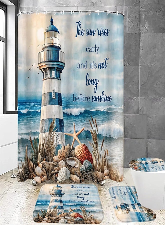 Chrainy 4Pcs Nautical Lighthouse Shower Curtain Sets Sea Seashell Bathroom Set Decor with Non-Slip Rugs Bath U-Shaped Mat Toilet Lid Cover Starfish Lighthouse Bathroom Curtain Shower Set with 12 Hooks - Image 1