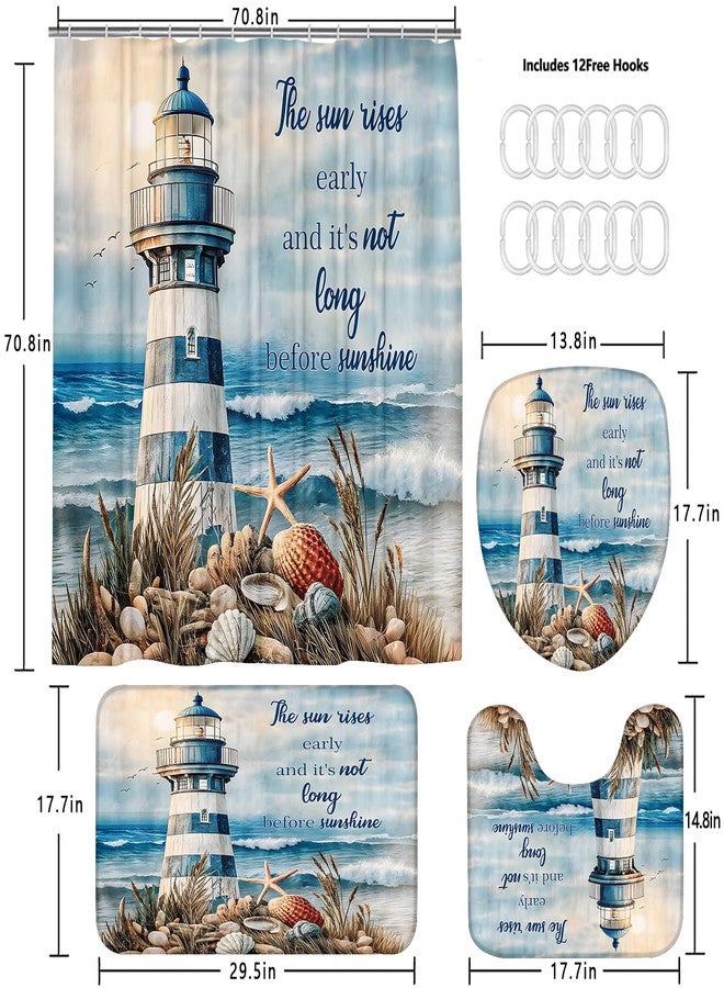 Chrainy 4Pcs Nautical Lighthouse Shower Curtain Sets Sea Seashell Bathroom Set Decor with Non-Slip Rugs Bath U-Shaped Mat Toilet Lid Cover Starfish Lighthouse Bathroom Curtain Shower Set with 12 Hooks - Image 5