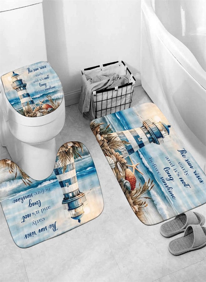 Chrainy 4Pcs Nautical Lighthouse Shower Curtain Sets Sea Seashell Bathroom Set Decor with Non-Slip Rugs Bath U-Shaped Mat Toilet Lid Cover Starfish Lighthouse Bathroom Curtain Shower Set with 12 Hooks - Image 4
