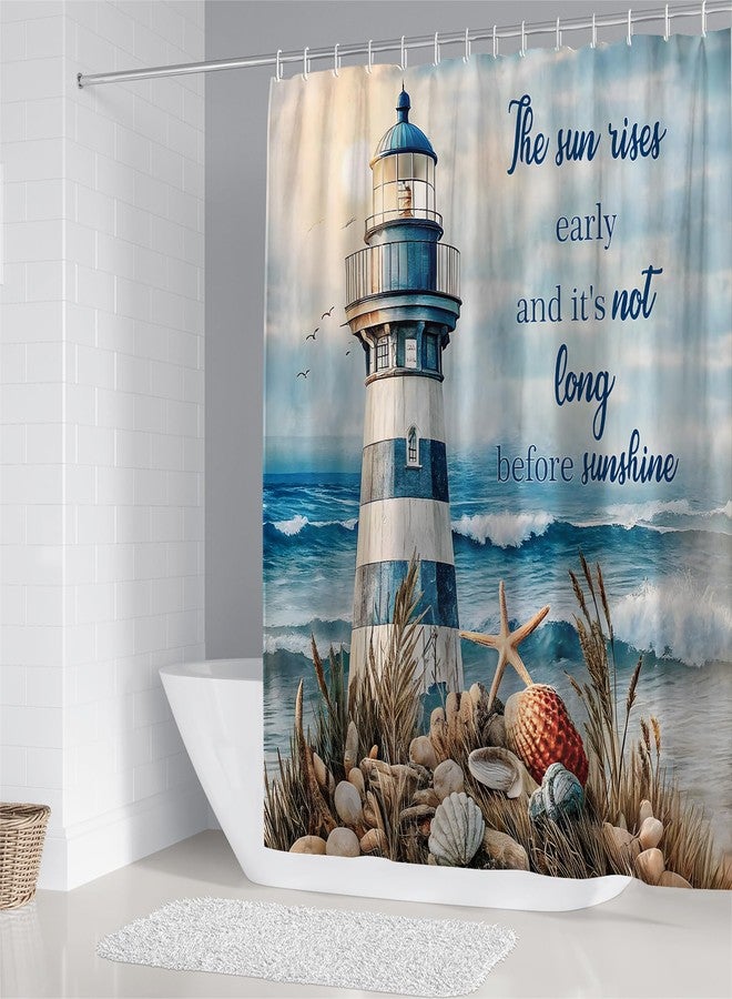 Chrainy 4Pcs Nautical Lighthouse Shower Curtain Sets Sea Seashell Bathroom Set Decor with Non-Slip Rugs Bath U-Shaped Mat Toilet Lid Cover Starfish Lighthouse Bathroom Curtain Shower Set with 12 Hooks - Image 2