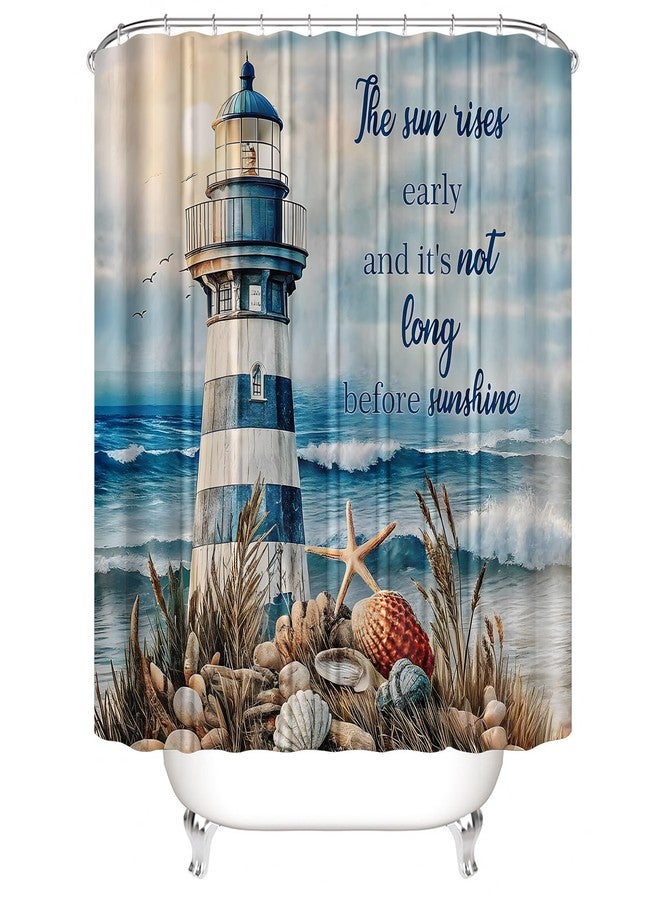 Chrainy 4Pcs Nautical Lighthouse Shower Curtain Sets Sea Seashell Bathroom Set Decor with Non-Slip Rugs Bath U-Shaped Mat Toilet Lid Cover Starfish Lighthouse Bathroom Curtain Shower Set with 12 Hooks - Image 3