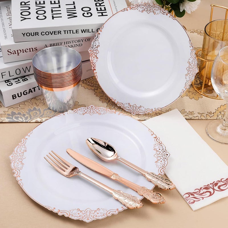 Bestluck 350PCS Rose Gold Plastic Plates for 50 Guests, Disposable Plates with Rose Gold Trim include 100 Dinner Plates, 150 Rose Gold Silverware, 50 Cups, 50 Napkins for Wedding Party - Image 5