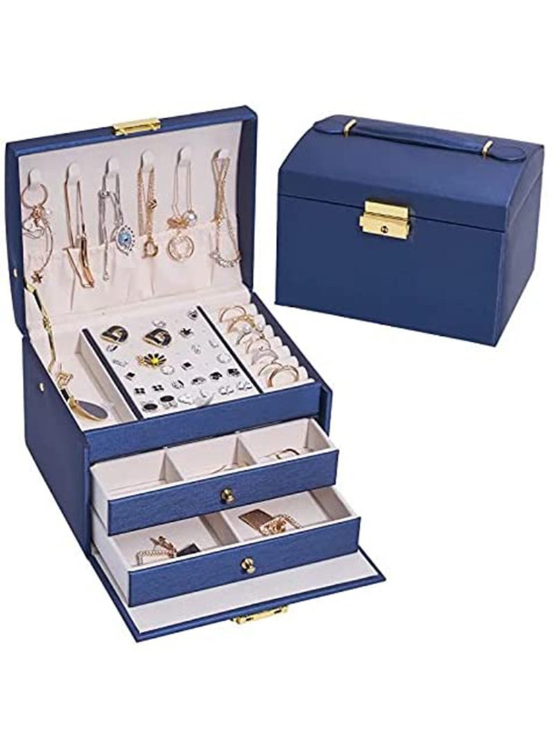 منظم صندوق المجوهرات مصنوع من جلد البولي يوريثان مع درجين، وحافظة تخزين مجوهرات من 3 طبقات لمجوهرات النساء - Image 1