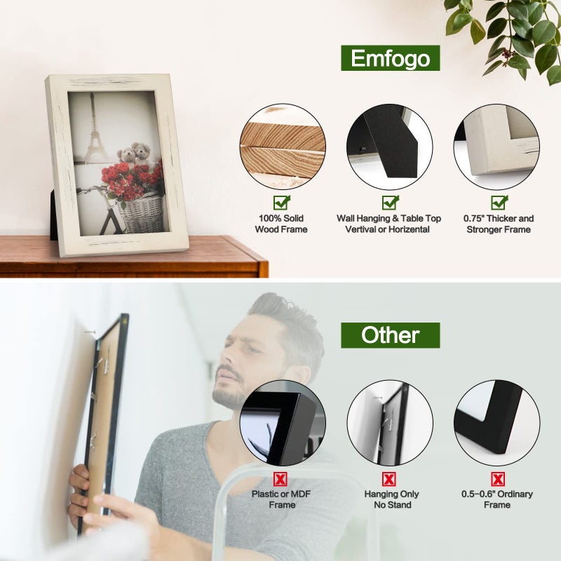 Emfogo 4x6 Picture Frame, Pack of 2 Photo Frame with Real Glass, Solid Wood Rustic Picture Frames 4x6 Display for Wall Decor (Vintage White) - Image 2