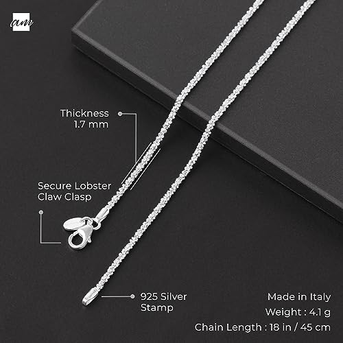 Amberta Italian 925 Sterling Silver Diamond Chain for Women - 1.7 mm Snow/Rock Silver Chain Necklace: 18 inch/ 45 cm Silver Choker Necklace - Image 5