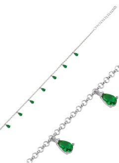 EMNON 925 Sterling Silver Jewelry Rhodium Plated Emerald CZ Dangle Rolo Chain Charm Bracelet 100% Precious Metal Gift for Women- Emnon11BR  - Image 2