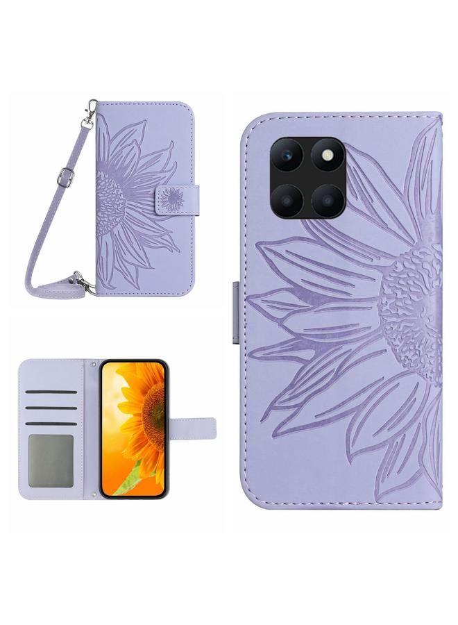 جرين تايجر حافظة هاتف جلدية بنمط زهرة الشمس مع حبل قصير لهاتف Honor X8b (أرجواني)