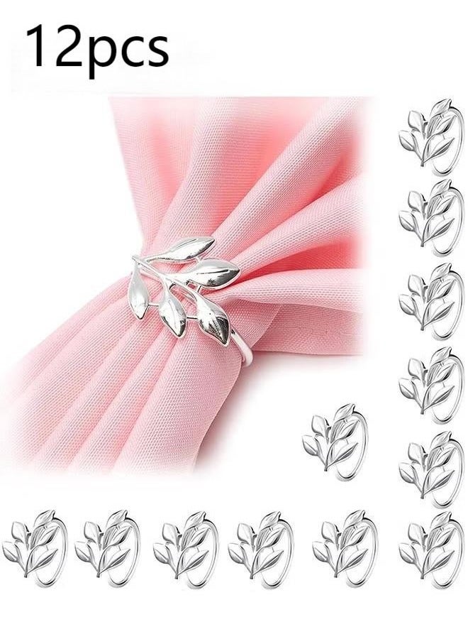 12 PCS Napkin Ring Holder, Silver Napkin Clasp Sets, Vintage Leaf Napkin Ring Holders, Table Napkin Buckles for Formal or Casual Dinning Table Decor  - Image 1