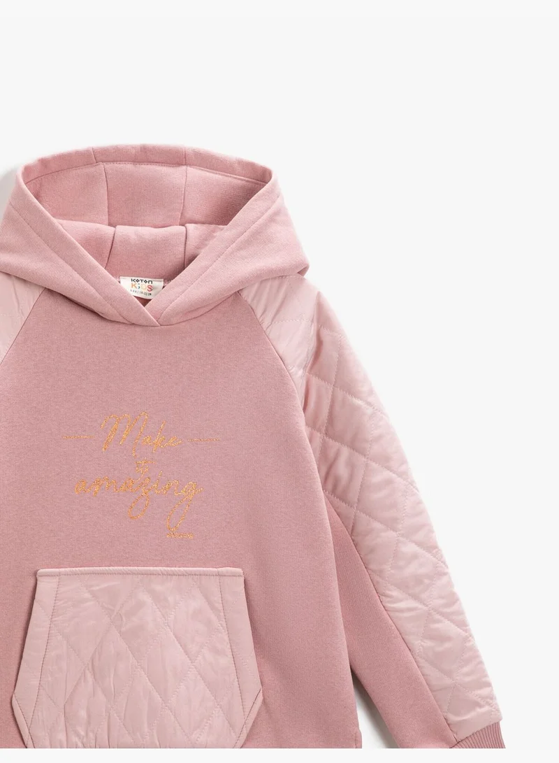 KOTON Quilted Printed Hooded Sweatshirt Kangaroo Pocket Cotton