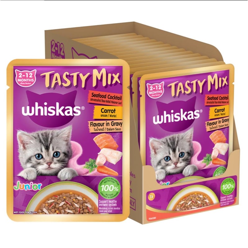 Whiskas طعام رطب للقطط الصغيرة ويكساس مزيج لذيذ (2-12 شهرًا) بنكهة كوكتيل المأكولات البحرية والجزر في صلصة، 70 جرام × 14، 100% تغذية كاملة ومتوازنة للقطط الصغيرة - Image 1