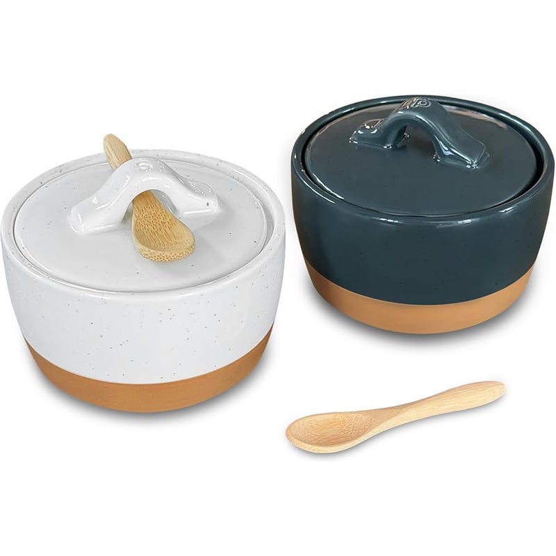 Mora Ceramic Salt and Pepper Cellar Set with Lid - 10 oz Modern Canister/Container/Bowl for Storage, Sea Salt, Spice, Sugar, Countertop - Small Dish/Jar with Wood Spoon, Black & White Crock - Image 1
