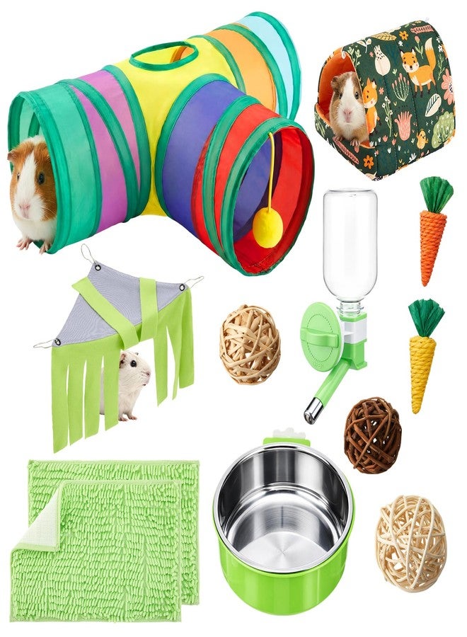 Sonwyoung 12 Pcs Guinea Pig Starter Kit, Guinea Pig Hideout Toy Set with Tunnel and House, Chew Toy Bowl Water Feeder Cage Accessories for Hamster Hedgehog Chinchilla Small Animal(Stylish Style,Green) - Image 1