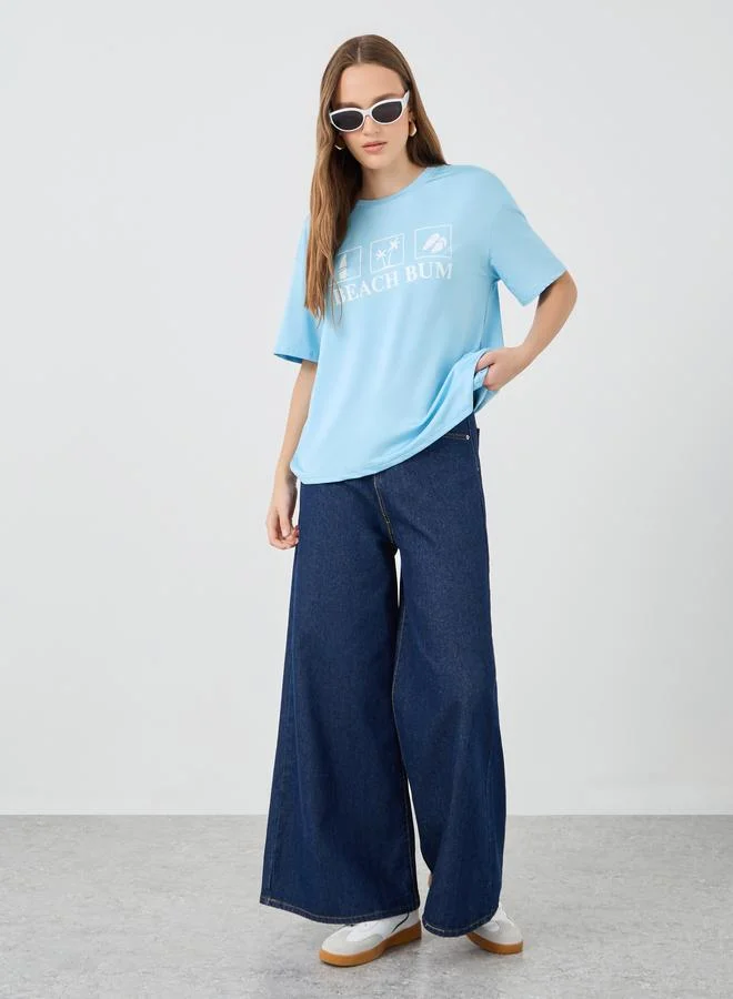 تايك تو Take Two Slogan Print Round Neck T-Shirt