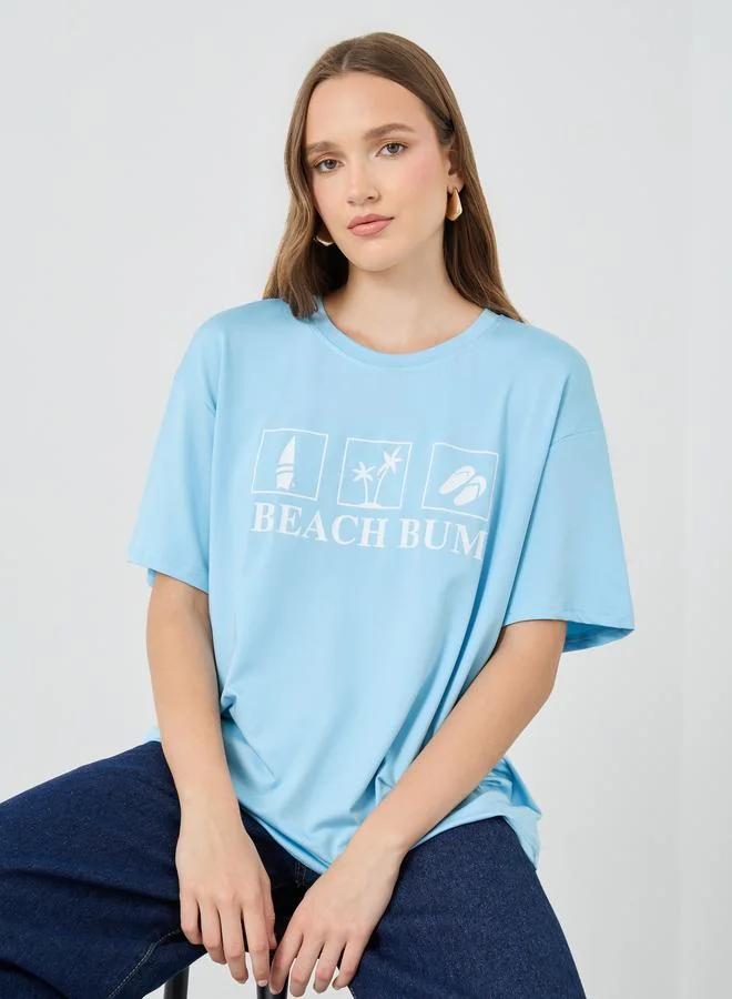تايك تو Take Two Slogan Print Round Neck T-Shirt