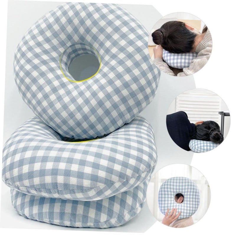 Ear Piercing Pillow For Side Sleepers Blue Plaid Donut Cushion With Ventilated Hole Relieves Ear And Pressure Sores - Image 4