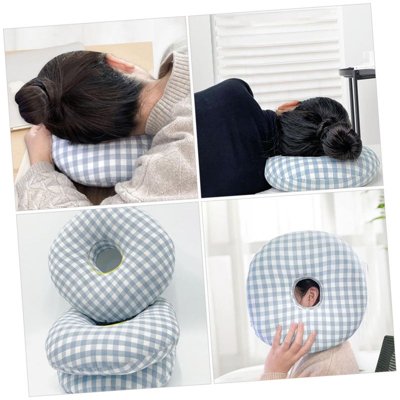 Ear Piercing Pillow For Side Sleepers Blue Plaid Donut Cushion With Ventilated Hole Relieves Ear And Pressure Sores - Image 5