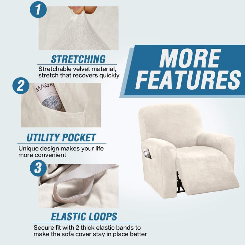 H.VERSAILTEX Velvet Stretch Recliner Couch Covers 4-Pieces Style Recliner Chair Covers Recliner Cover for Reclining Chair Slipcovers Feature Non Slip Form Fitted Thick Soft Washable, Ivory - Image 4