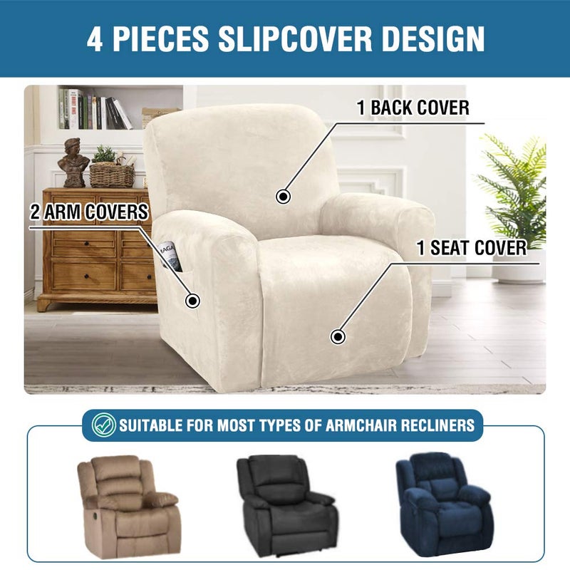 H.VERSAILTEX Velvet Stretch Recliner Couch Covers 4-Pieces Style Recliner Chair Covers Recliner Cover for Reclining Chair Slipcovers Feature Non Slip Form Fitted Thick Soft Washable, Ivory - Image 2